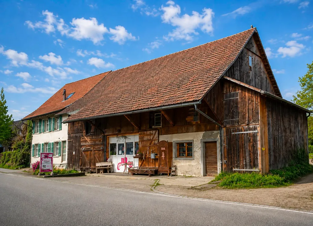 Der Stellplatz befindet sich hinter unserem Haus. Die Einfahrt ist vor dem braunen Schopf.