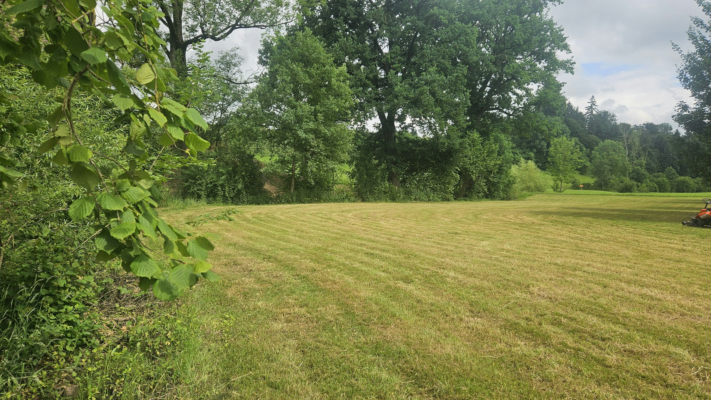 Platz direkt neben Bach mit Hecke.