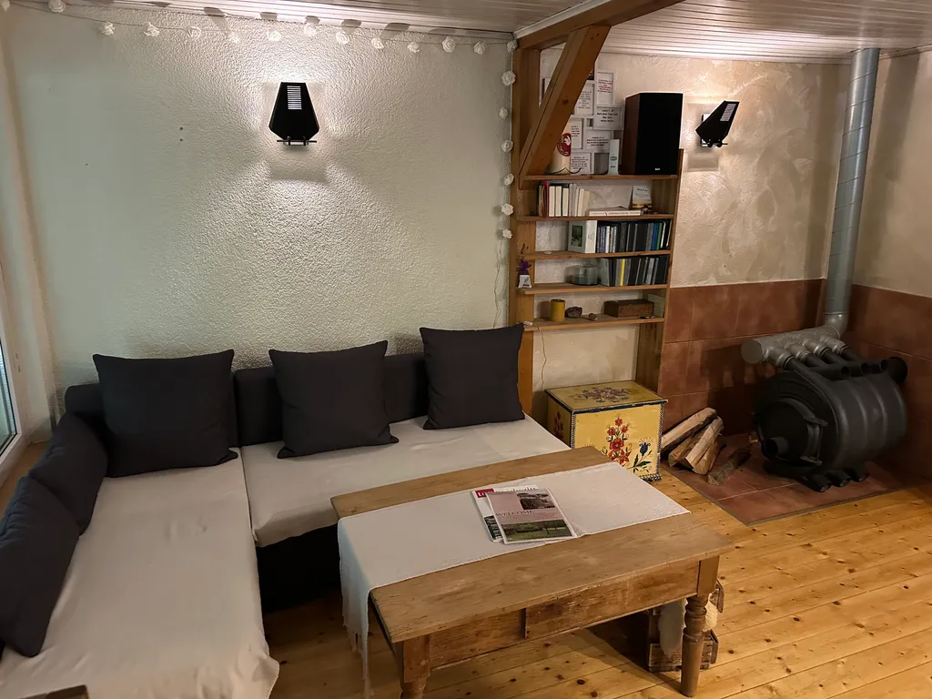 Wohnzimmerbereich mit Ofen und Schlafsofa