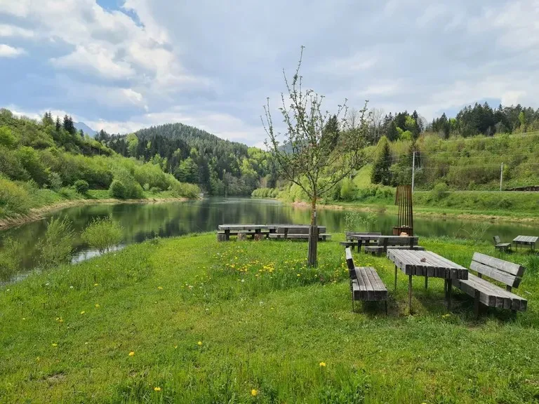 Wiese am Ufer Stausee Wienerbruck mit Sitzgelegenheiten (neben dem Stellplätzen)