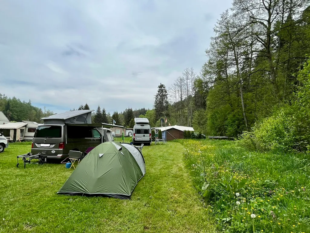 Mit Zelt auf der Waldwiese am Bach