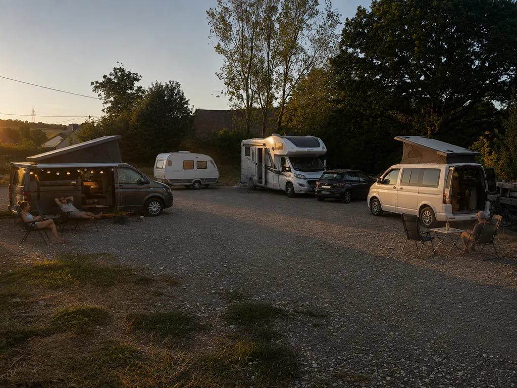 Ruhiger Schotterplatz am Ortsrand mit Feuerstelle