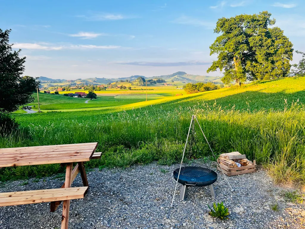 Picknicktisch mit Feuerschale und Brennholz