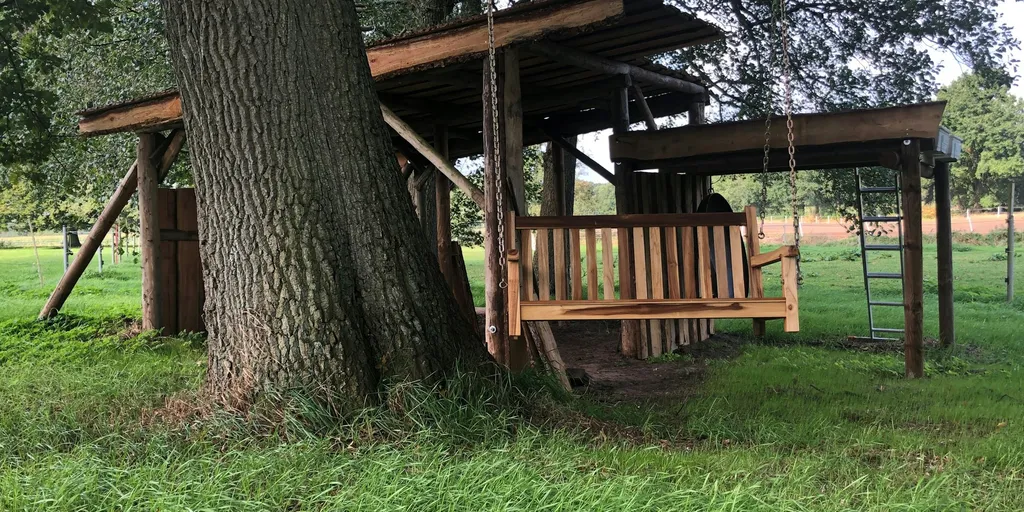 Wiese hinterm Haus neben Pferden