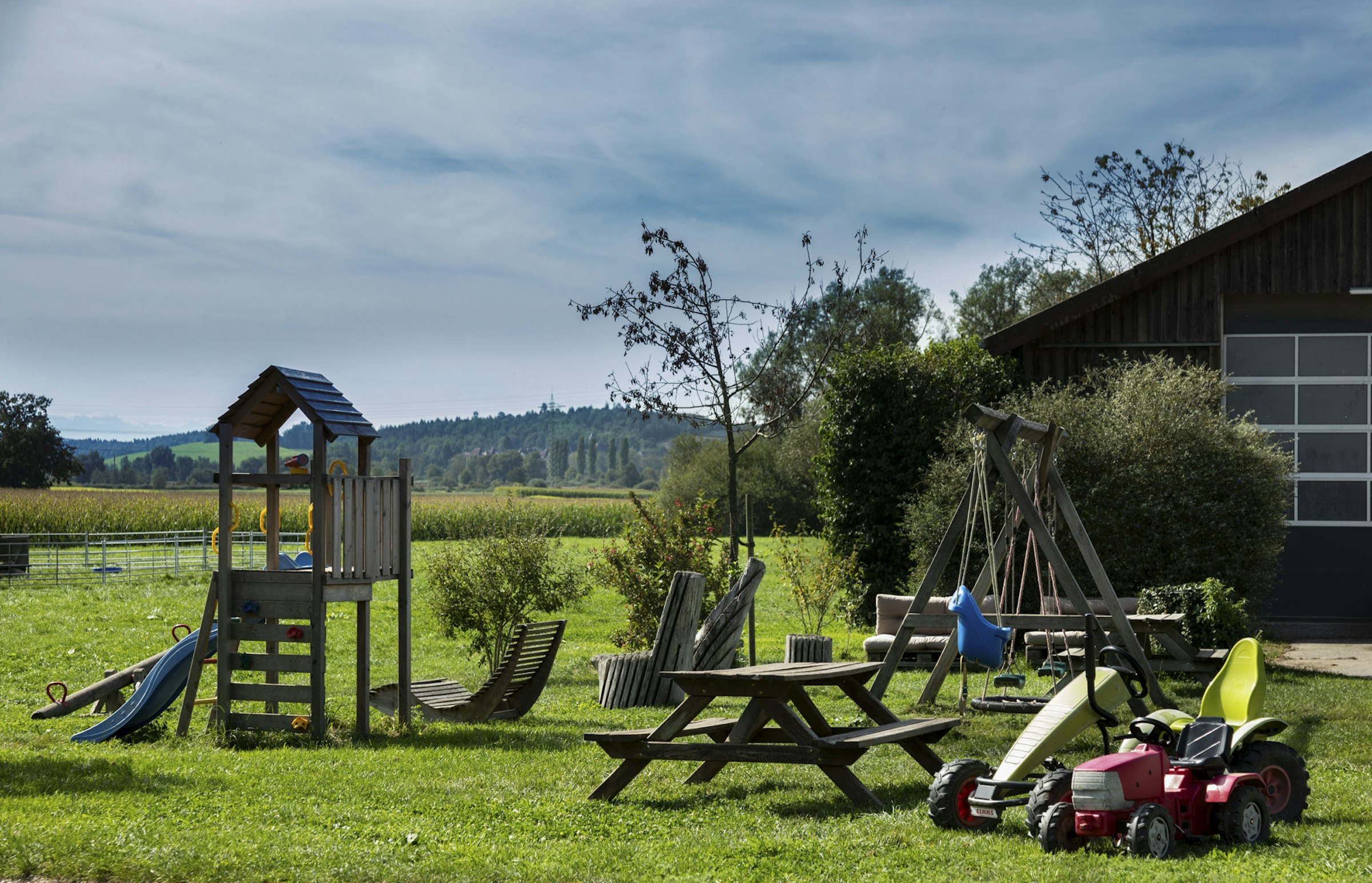 Grüne Wiese mit Bergsicht