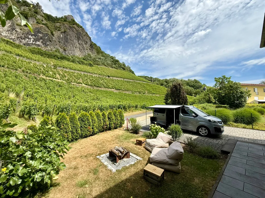 Der Stellplatz unter den Weinbergen, im Hintergrund Weingut Pieper