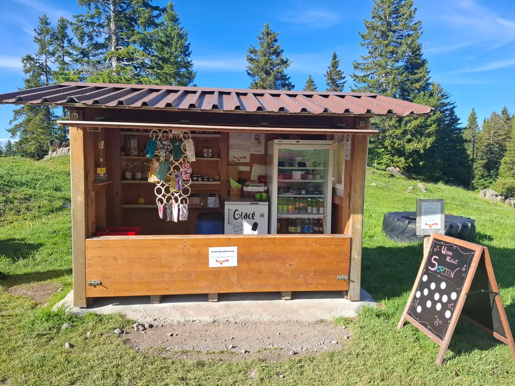 In unserem Selbstebdienungsstand gibt es verschiedene Leckereien wie Alpkäse, Joghurt, feine Konfitüren, getrocknete Früchte, erfrischende Getränke oder feine Glacés zu kaufen.