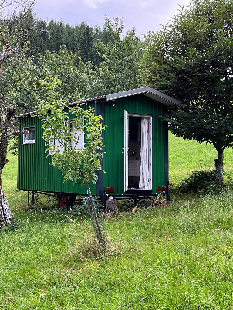 Leben im Bauwagen inmitten von Obstbäumen