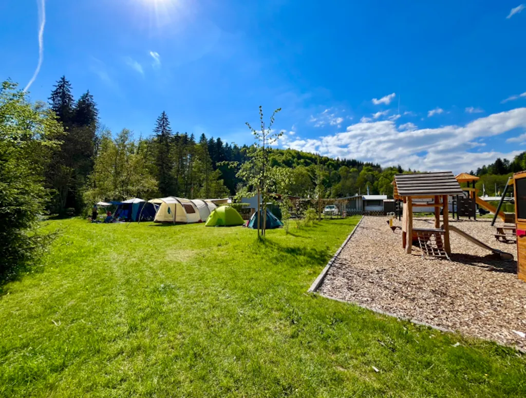 Mit Zelt auf der Waldwiese am Bach