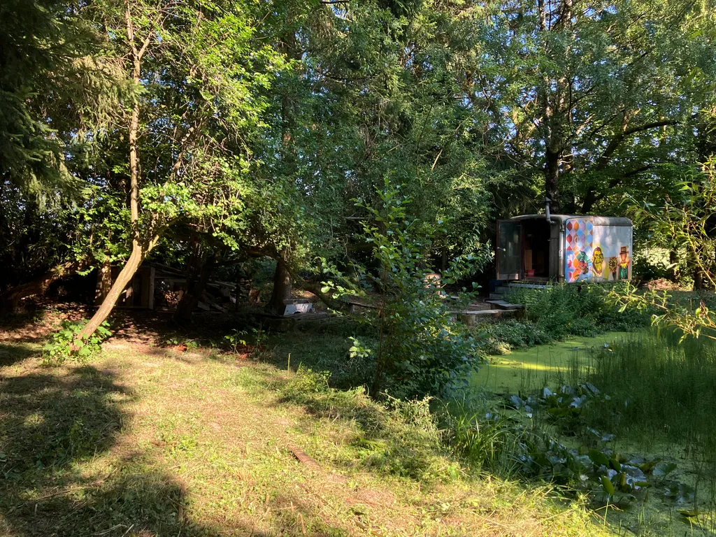 Versteckter Platz unter alten Bäumen – Schattiger, blickgeschützter Bereich am Teich mit dem charakteristischen Bauwagen im Hintergrund.