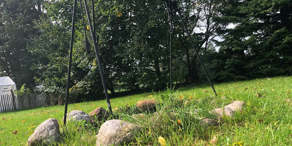 Wiese hinterm Haus neben Pferden