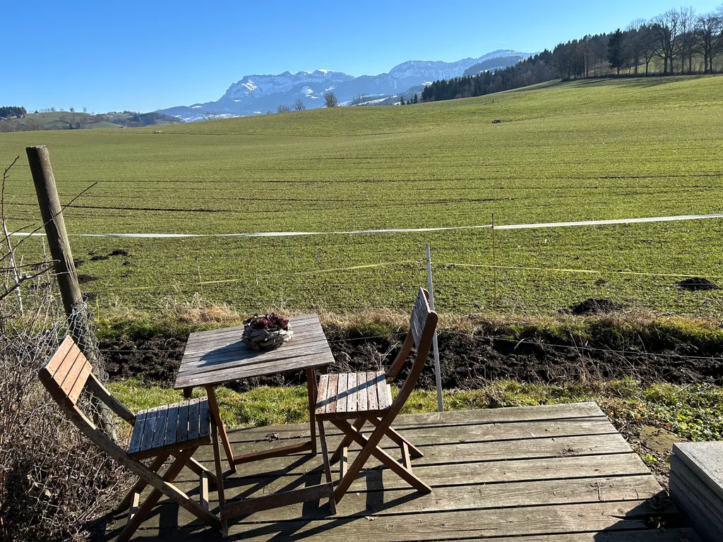 Unter eurem Stellplatz steht eine kleine Plattform zum Verweilen und Sonne tanken. Daneben weiden oft die Pferde.