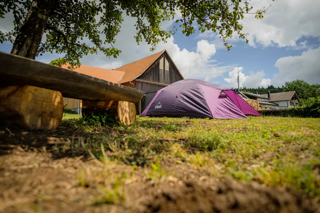 Zeltplatz mit Blick Richtung Stall