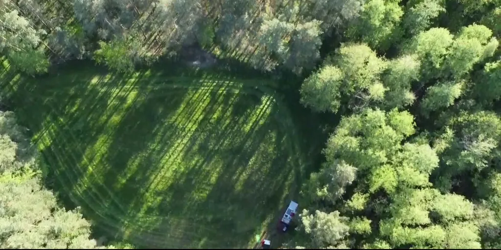 Grüne Wiese im Wald oder idyllischer Hofstellplatz
