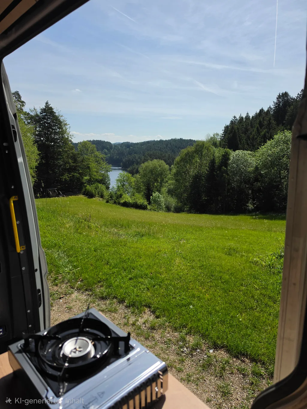 Der Camper steht vor dem Haus mit direktem Blick auf den See