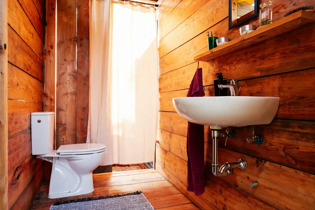 privates Badezimmer im zentralen Holzgebäude