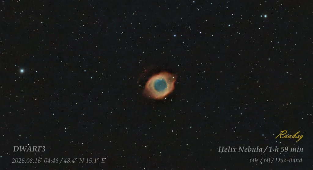 Die Aufnahme des „Auge Gottes“ (Helixnebel) wurde am 16.08.2026 direkt am Stellplatz in Langschlag 22 gemacht.
Der Standort weist keinerlei Lichtverschmutzung auf, was von führenden Hobby‑Astronomen bestätigt werden kann. Dadurch sind besonders detailreiche Deep‑Sky‑Aufnahmen möglich.