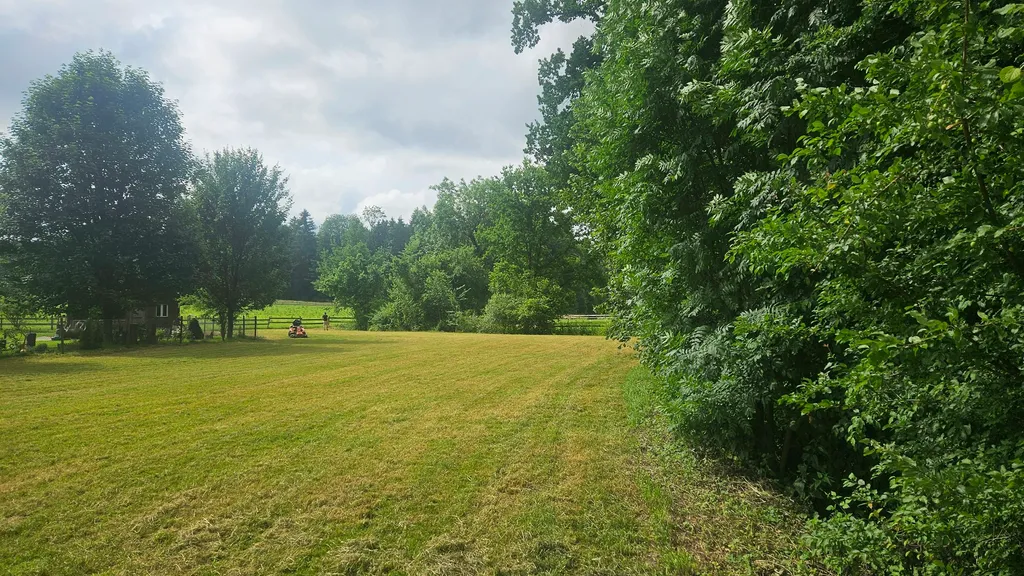 Platz direkt neben Bach mit Hecke.