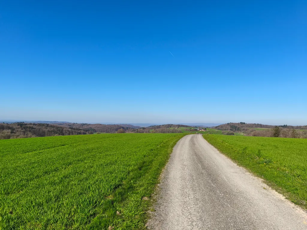 Unsere Privatstraße. Richtung Dorf Schienen.